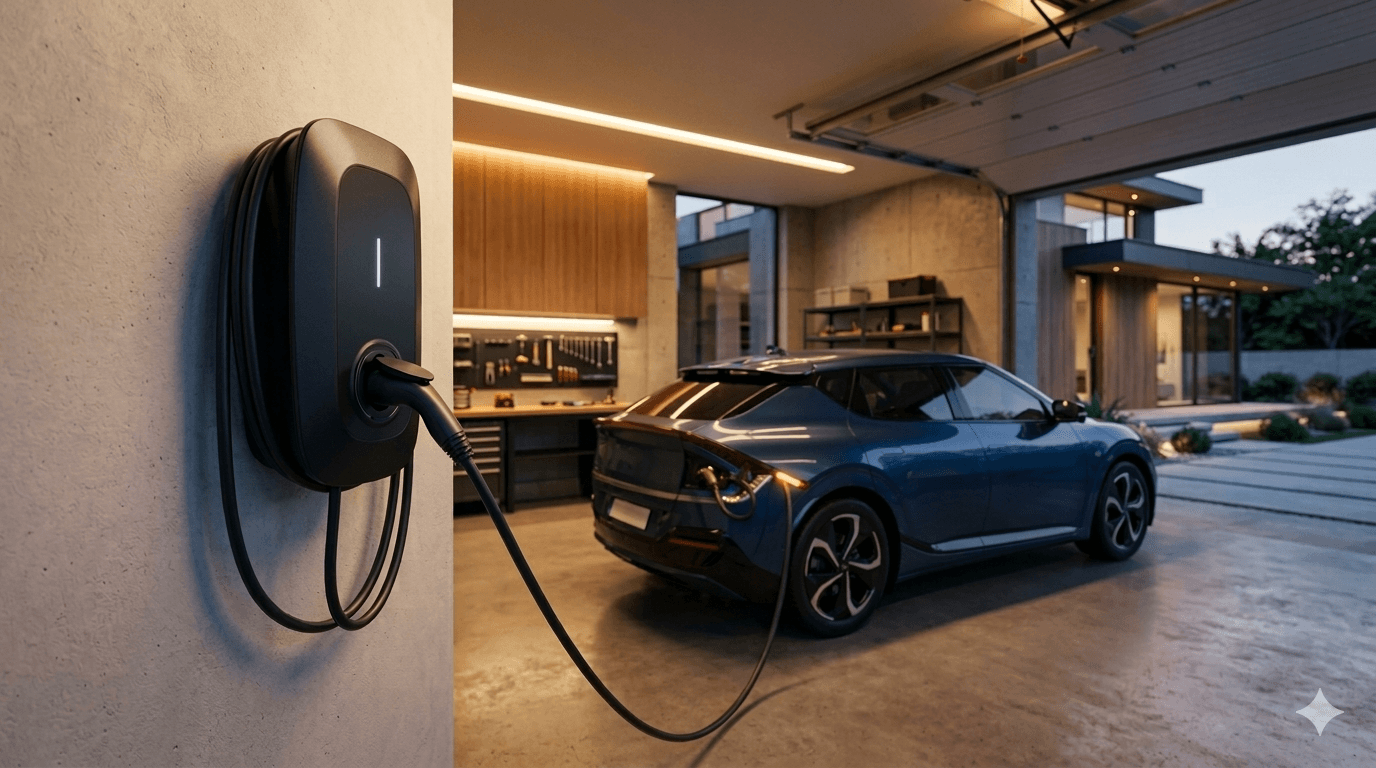 EV charger mounted in a modern garage with a blue electric car